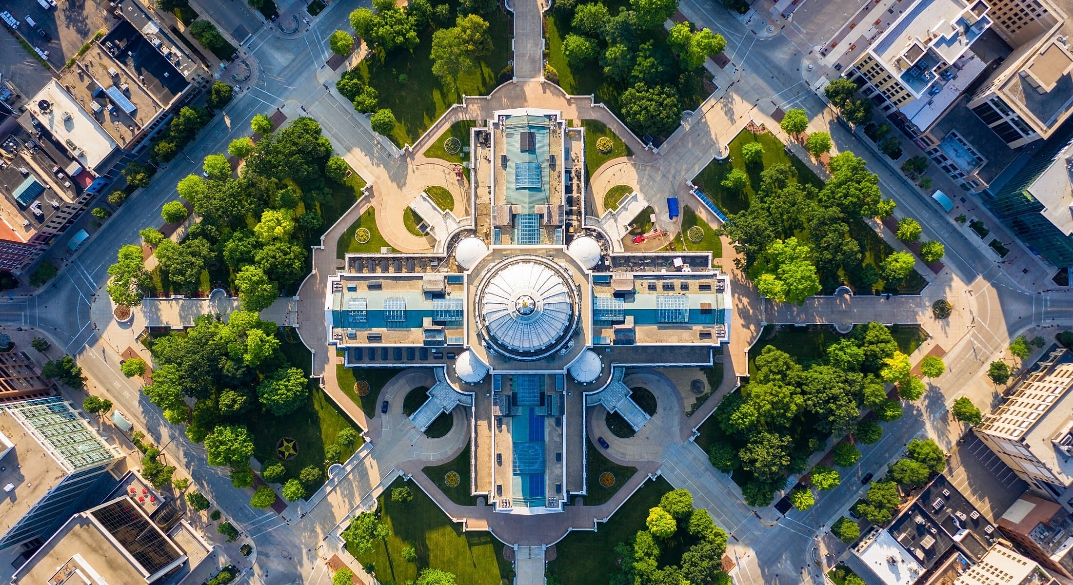 Aerial view of urban park and architecture.