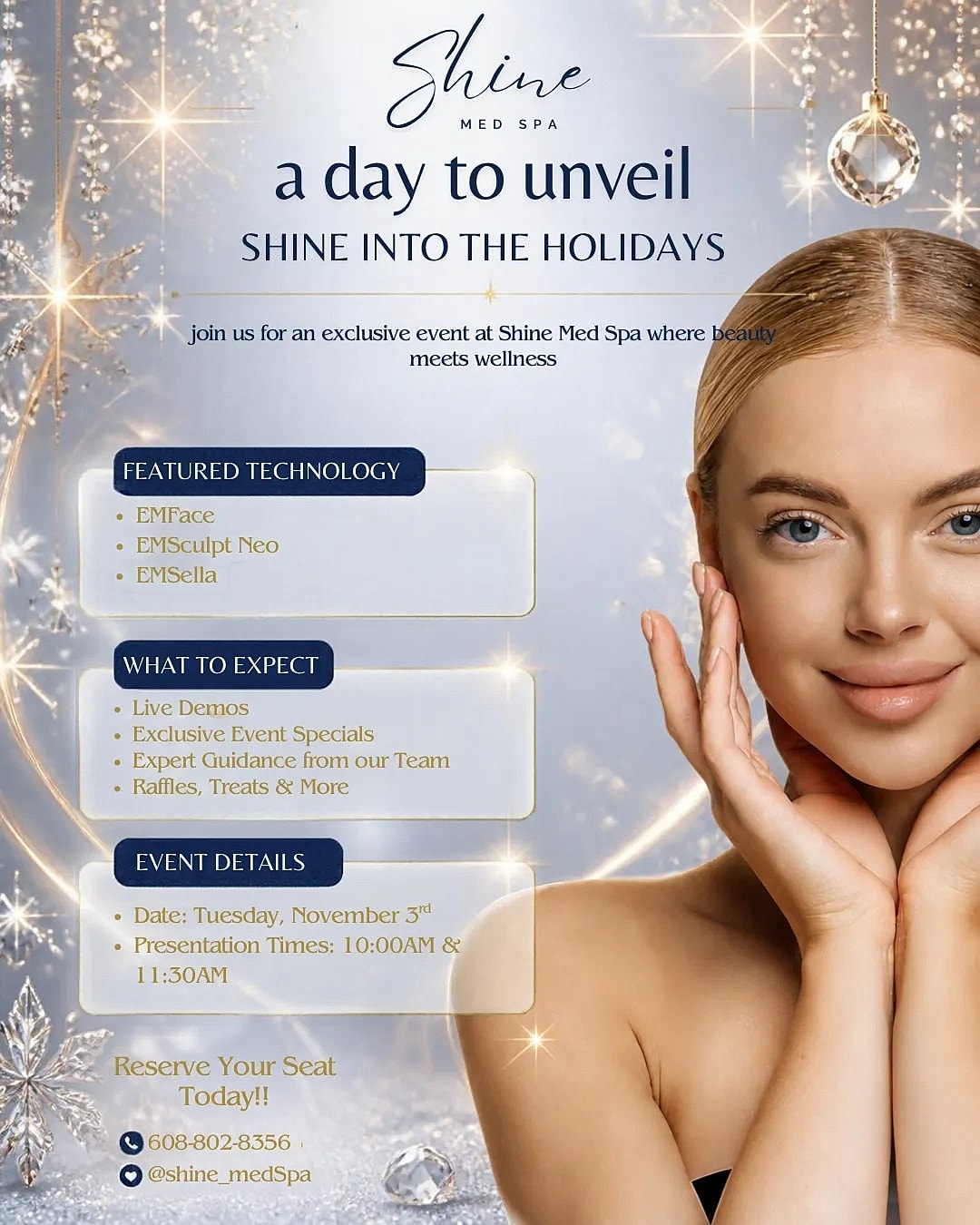 Event announcement for Shine Med Spa holiday event.